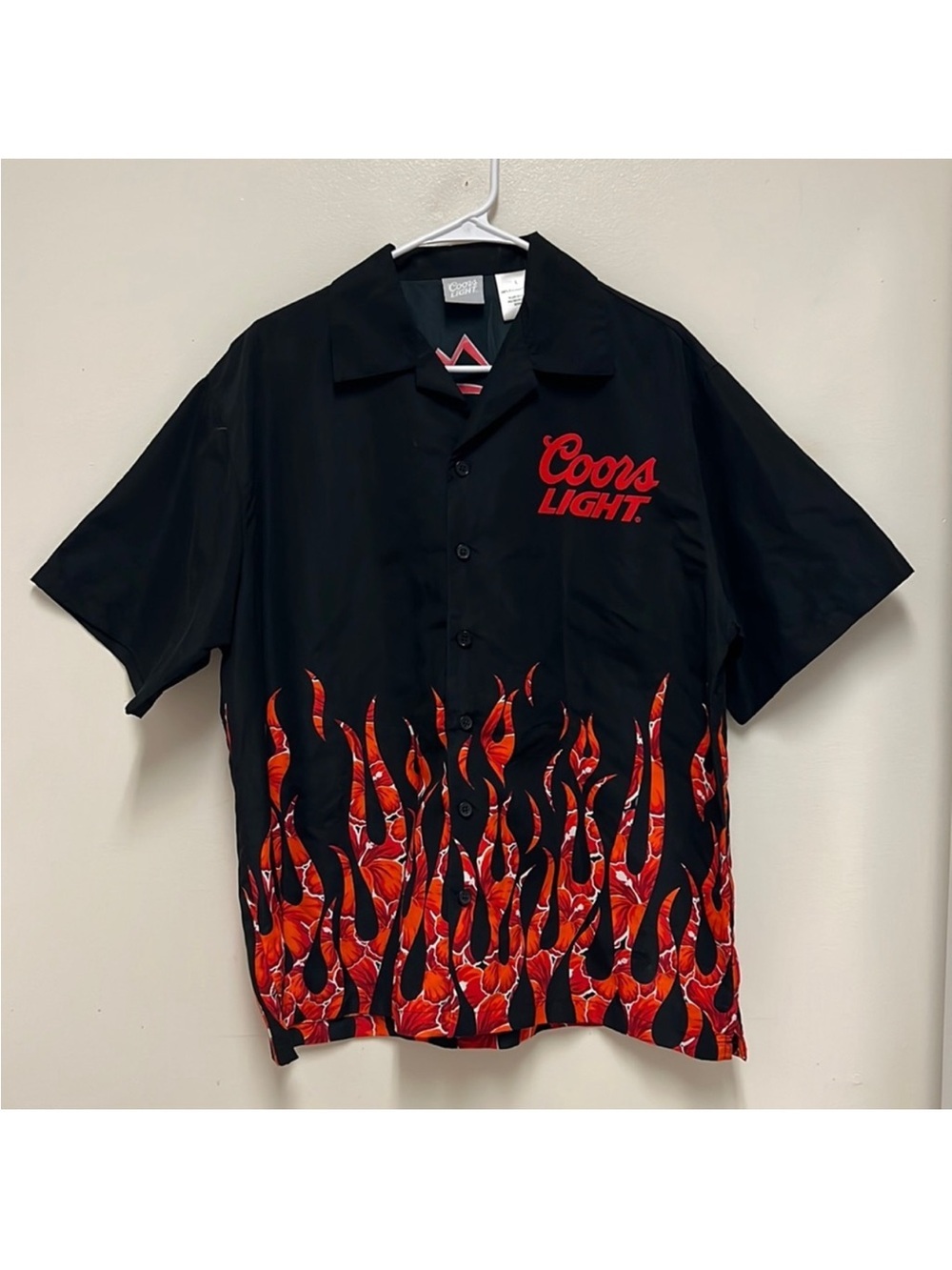 Coors Light Black Button-Down Shirt with Red Flame Print